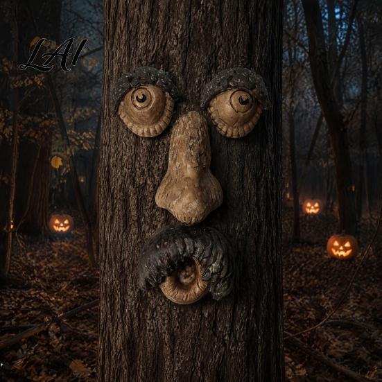 Whimsical Forest Tree Art Glow‑in‑the‑Dark Face Garden Decor Funny Old Man Bark Sculpture Resin Ornament Outdoor Halloween Easter Hugger Yard