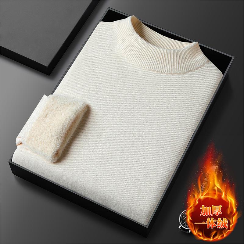 Popular Men's Autumn and Winter Integrated Fleece Semi-turtleneck Sweater Pullover Solid Color Knitted Sweater Men's Fleece Guarantee