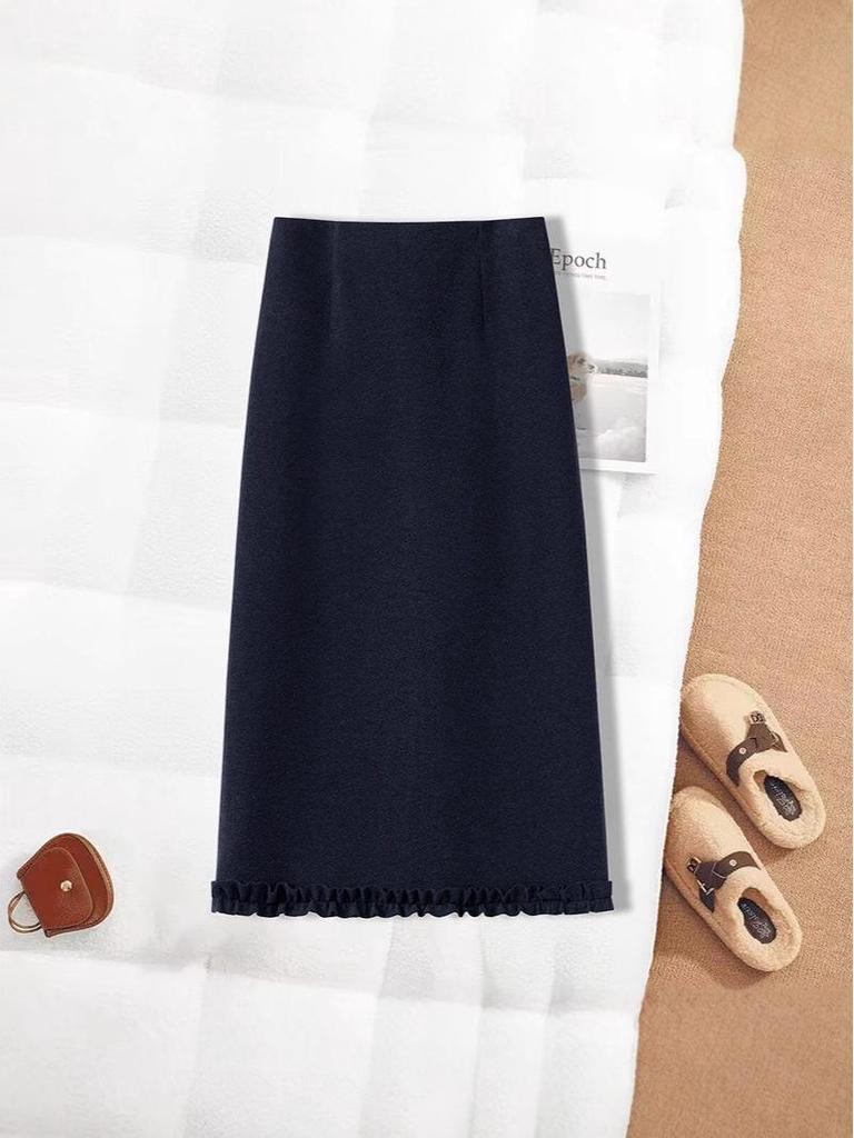 Women's Plus Size High Waist A-Line Woolen Skirt with Lace Detail - Autumn/Winter