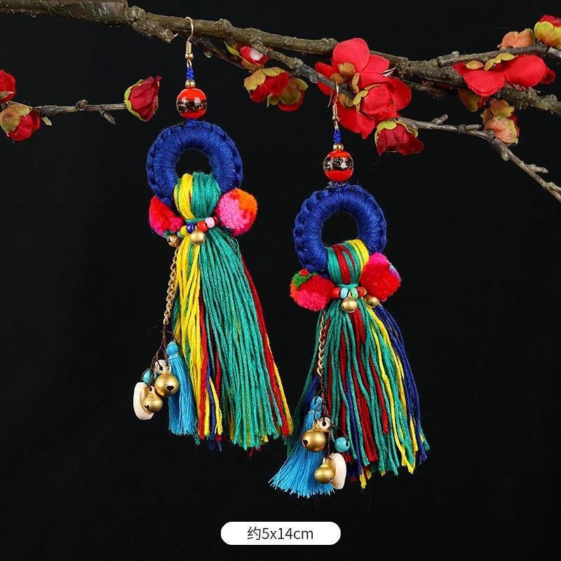 Retro Contrasting Pom-pom Earrings, Exaggerated Personality, Bohemian Vacation Long Fringed Temperament Earrings for Women