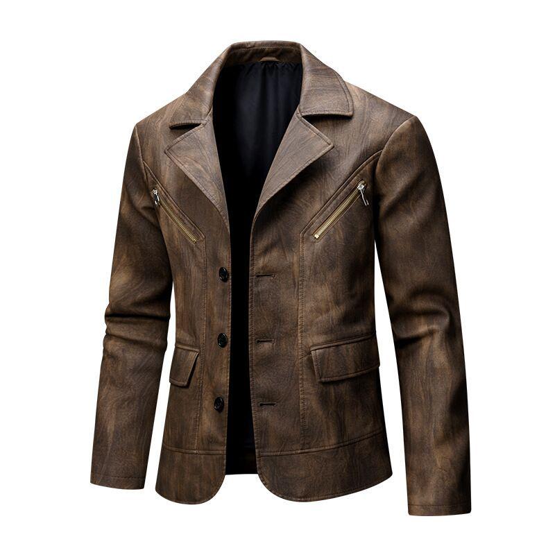 Men's Retro European & American PU Leather Motorcycle Jacket – Slim Fit, Trendy Design with Lapel Collar