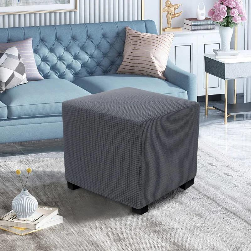 Square Ottoman Cover Polar Fleece Elastic Footstool Slipcover Furniture Protector For Home Pouf