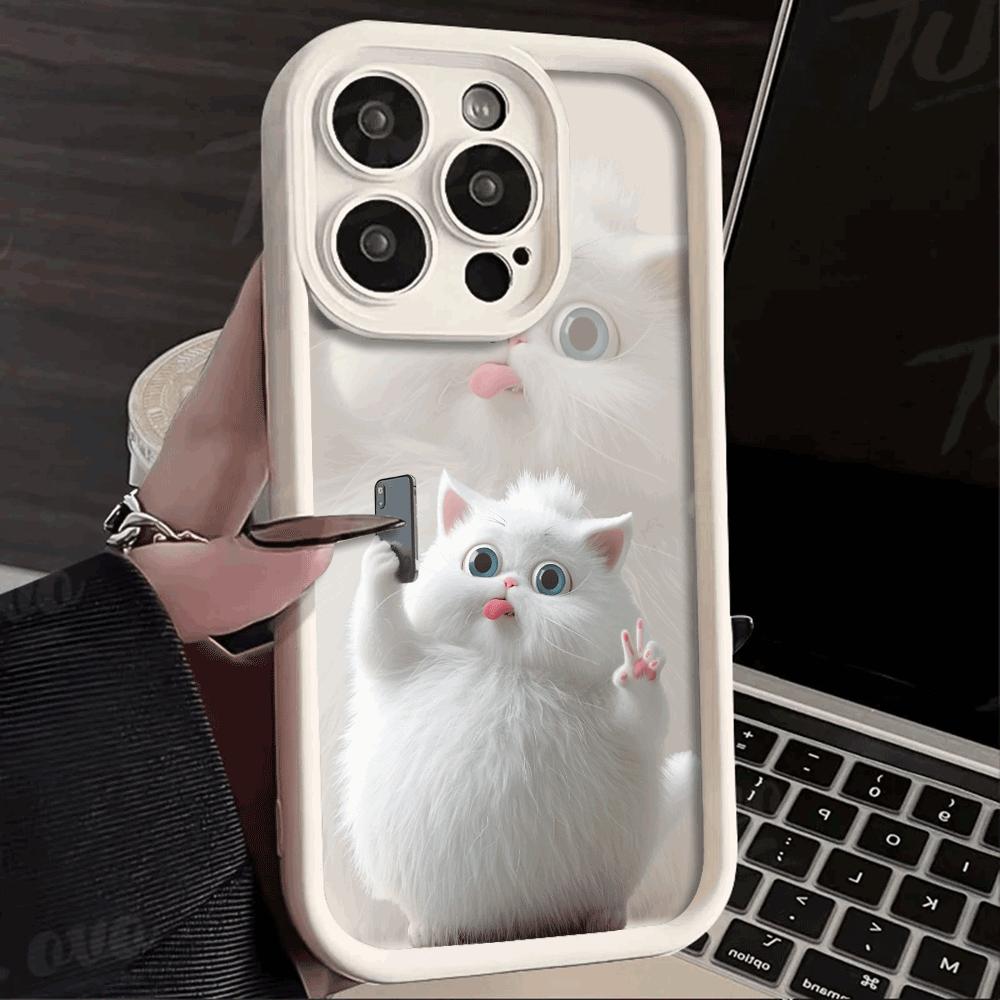 Cute selfie cat Phone case iPhone 15 Pro Max 11 12 13 16 14 Plus Silicone Shockproof Case Lens protector shell