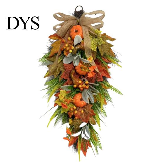 Artificial Holiday Floral Arrangement Artificia Fall Teardrop Swag, Autumn Harvest Sunflowers Pumpkins Leaves Berries Door Ready to Hang Swag Hanging