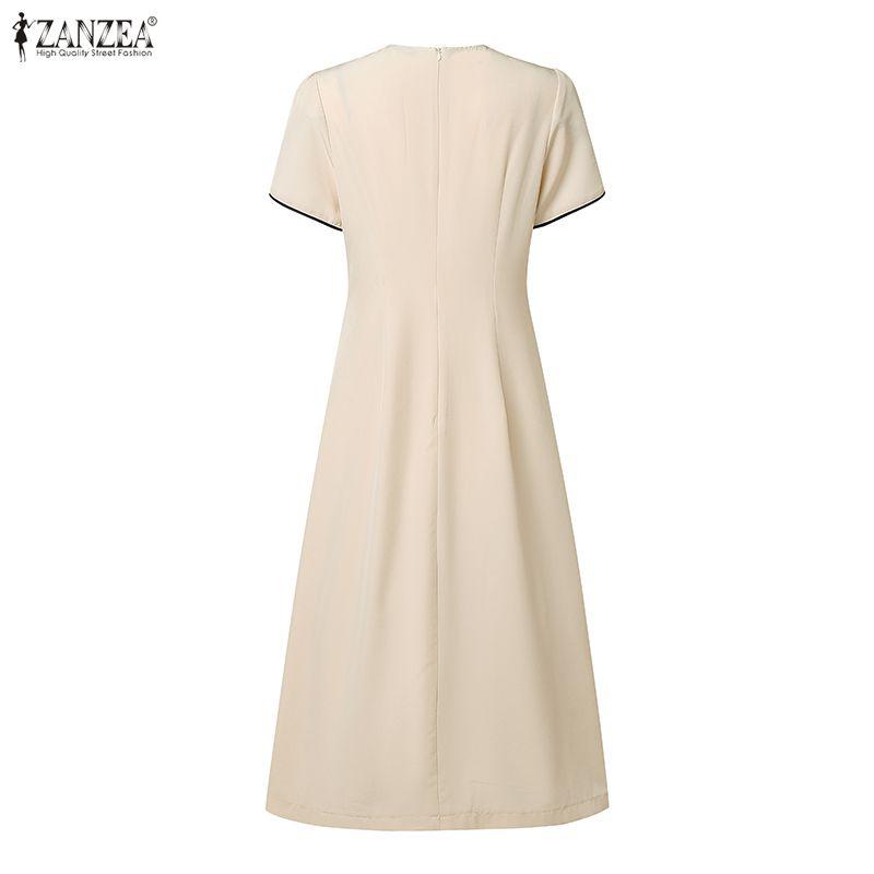 ZANZEA Vestido de Verano Elegante de Manga Corta con Cuello Redondo Casual para Mujer