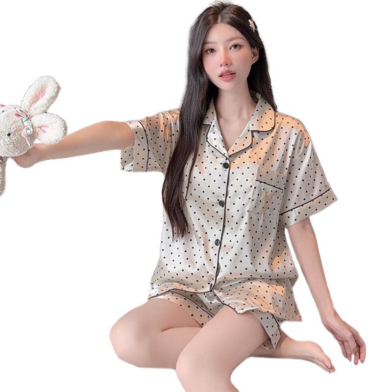 French Haute Letter V Polka Dot Short Sleeve Ice Silk Pajamas Women'S Summer Homewear Cardigan Two-Piece Set