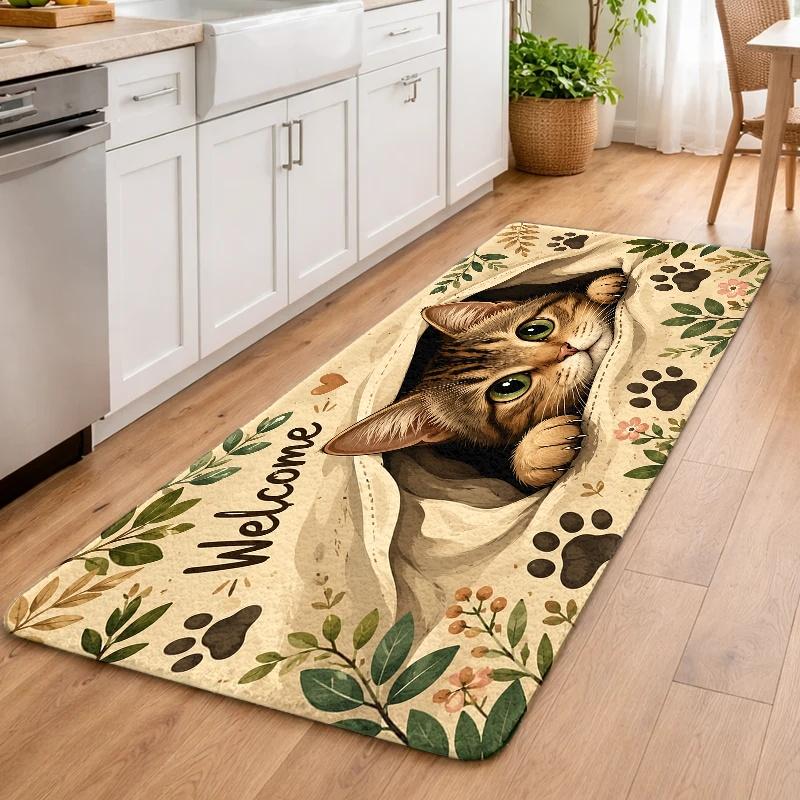 1Pcs Cute Cat Welcome Door Mat, 3D Cat Paw Printed Kitchen Rug, Non Slip Washable Floor Mat, Indoor Entrance Carpet, Pet Lover Home Decoration