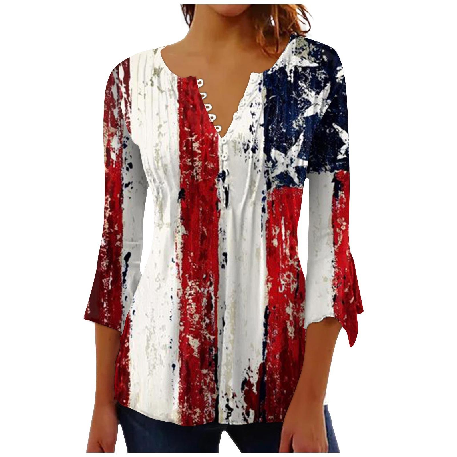 

Женский повседневный топ на пуговицах с длинными рукавами и v-образным вырезом в честь Дня независимости L красный