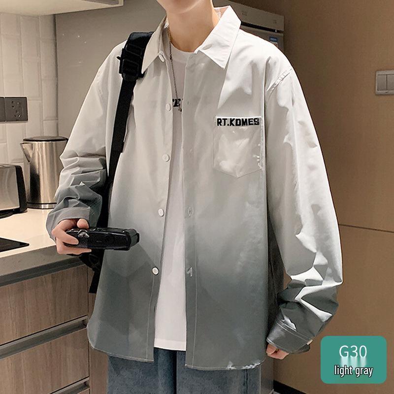 

American Style Gradient Long Sleeve Men s Shirt – Casual Loose Fit with Turn-Down Collar for Spring, Autumn, and Summer. M