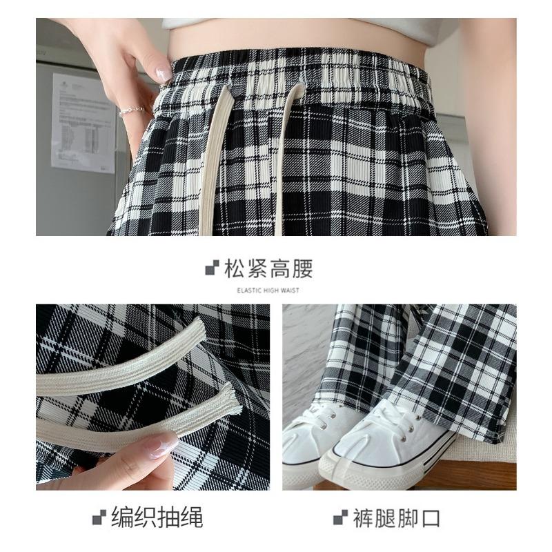 Ice Silk Wide-leg Pants Women's Summer Thin New High-waisted and Thin Casual Narrow Version Straight Plaid Women's Pants Spring and Autumn