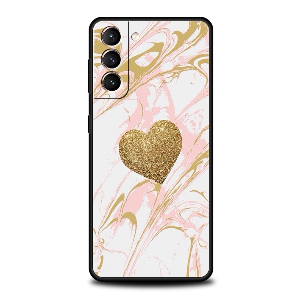 Gold Rose Love Heart Phone Case For Samsung Galaxy S26 Ultra S25 Plus S24 FE S23 S22 5G S21 S20 Cover Black Soft
