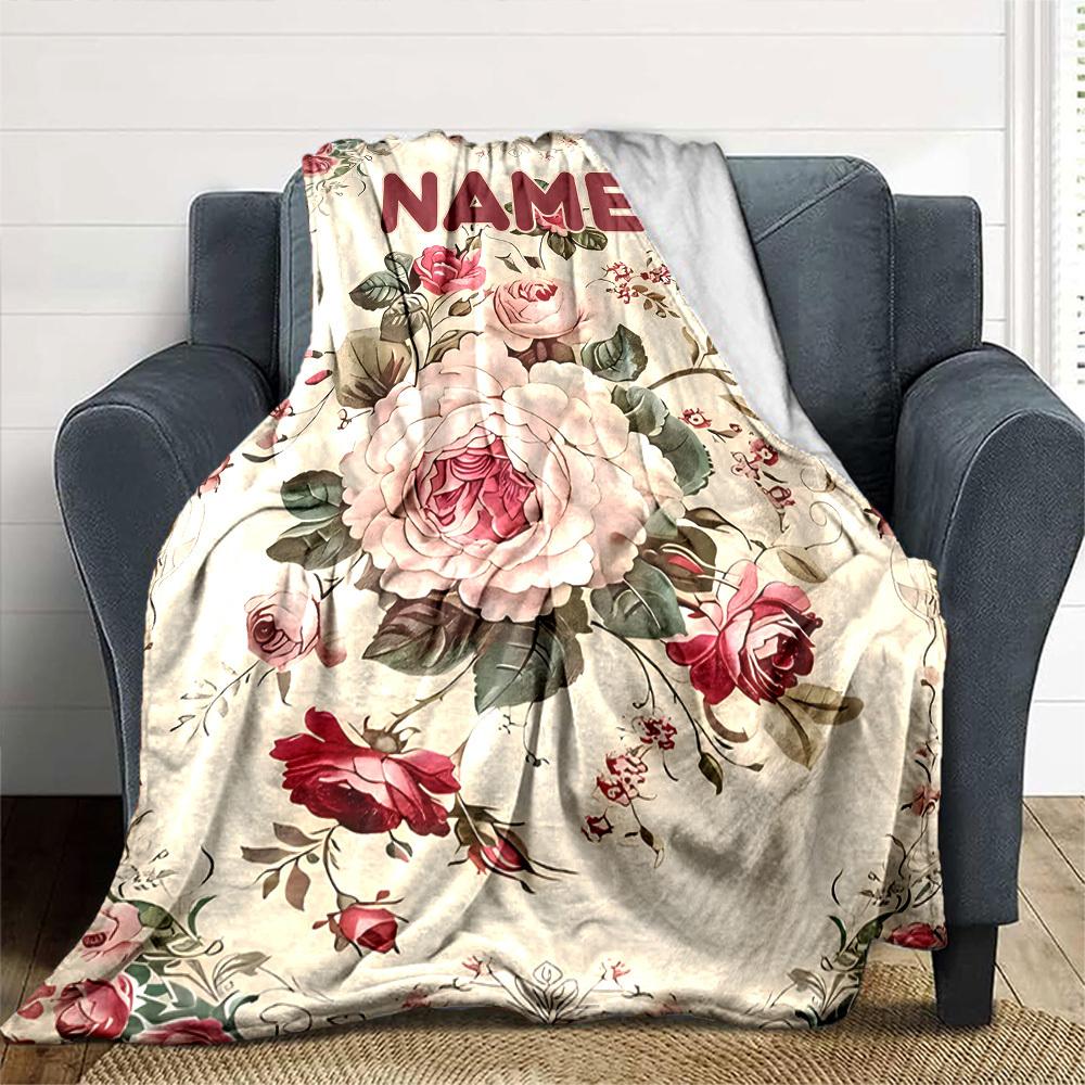 Vintage Floral Rose Pattern With Elegant Design And Soft Colors Gift Personalized Blanket Personalized Name Soft Cozy Great For Sofa Couch Office Bed