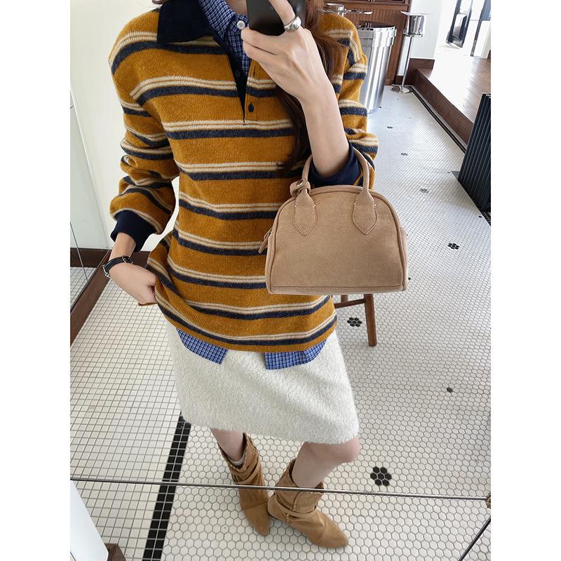 

Retro Miu Girl Color Block Striped Lapel Knitwear Women s Winter Base Layer N993C One Size (90-135)