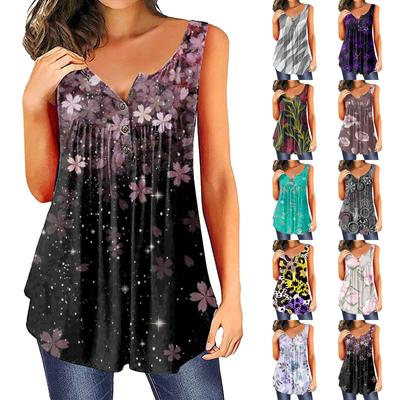 Women's Fashion Floral Printing Pleated Sleeveless Casual T-shirt Vest Button Top