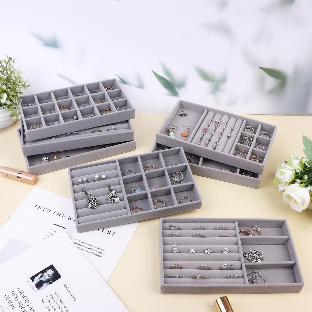 Ulele 14 Pack Jewelry Trays Organizer Velvet Stackable Jewellery Drawer Organiser Tray Insert Divided Storage Box Display Tray,R