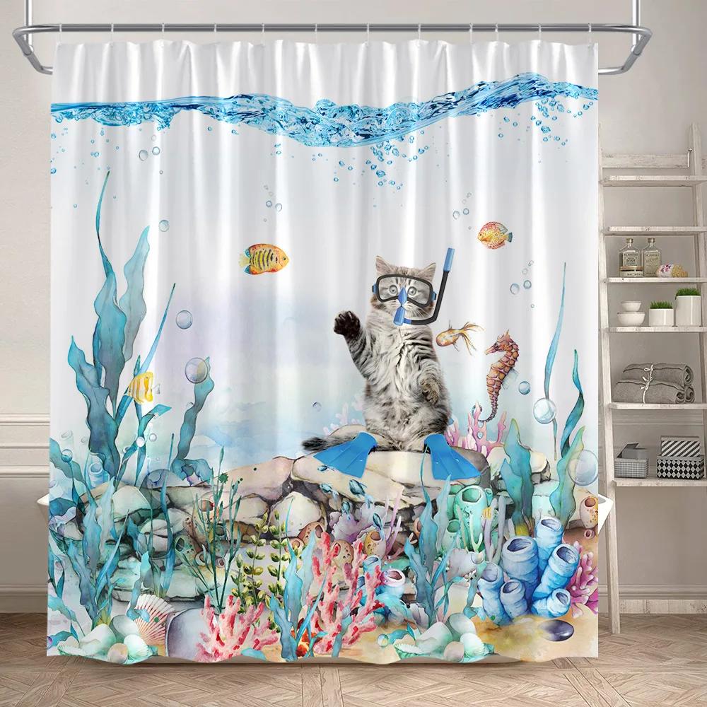 Funny Octopus Shower Curtains Marine Animal Mermaid Sailboat Vintage Nautical Map Bath Curtain Fabric Bathroom Decor with Hooks