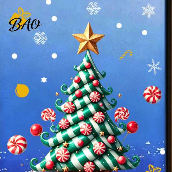 Creative Seasonal Ornaments Christmas Tree Window Decals, Candy Striped Snowflake Wall Stickers, Waterproof Easy Peel Graphics PVC Removable