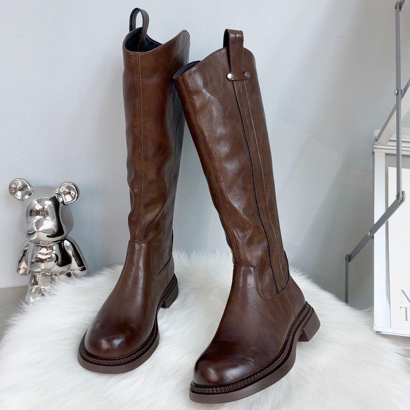 Lange Stiefel Damen Flacher Boden Höhenverstellbar Herbst Neu Britischer Stil Hoher Schaft Dünn Reißverschluss Hinten Ritterstiefel