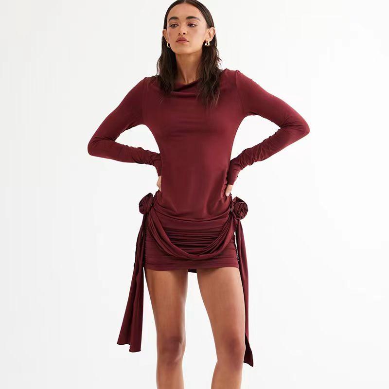 

Fashion Wind Long Sleeves Slim-Fitting Patchwork Streamer Flower Dress Hip Wrap Slim Fitting Dress Burgundy S
