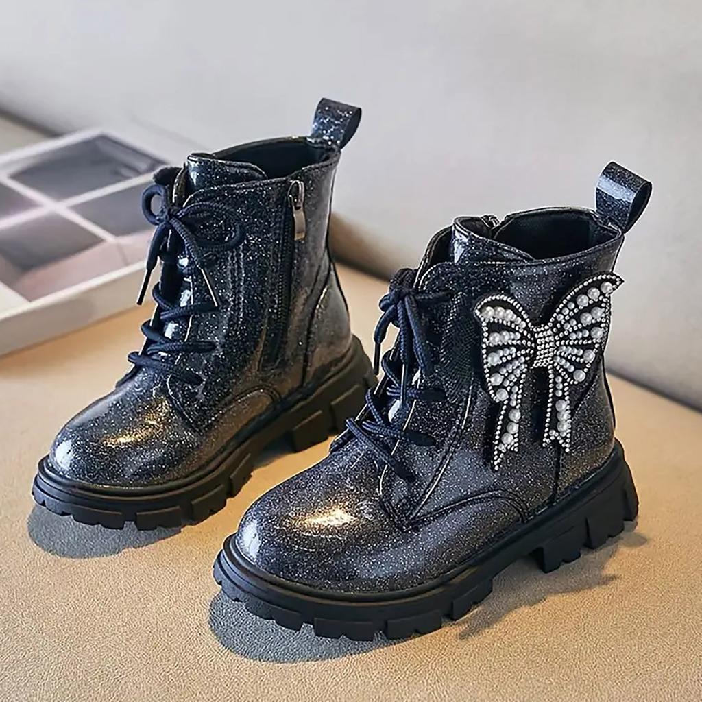 Girls Ankle Boots Black Glitter PU Waterproof Butterfly Pearls Chic Kids Fashion Princess Boots Children Tie Bow Platform Boots