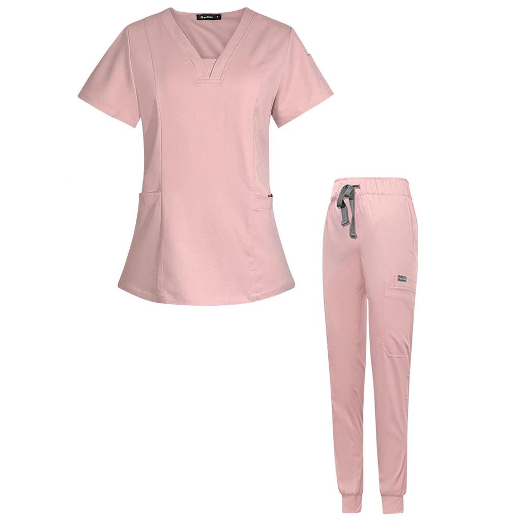 Female Scrub Set, V Neckline Machine Washable Beauty Parlour Comfortable with Multi Pockets Nurse