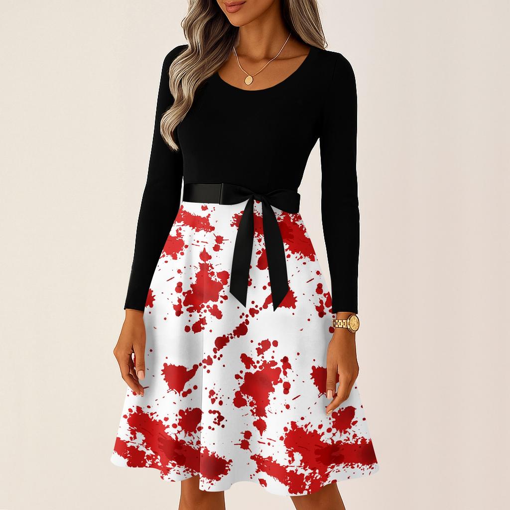 Women's Casual Vintage Halloween Dress Long Sleeve Round Neck Ghost Print Retro Style Midi Dress with Waist Tie for Daily Wear