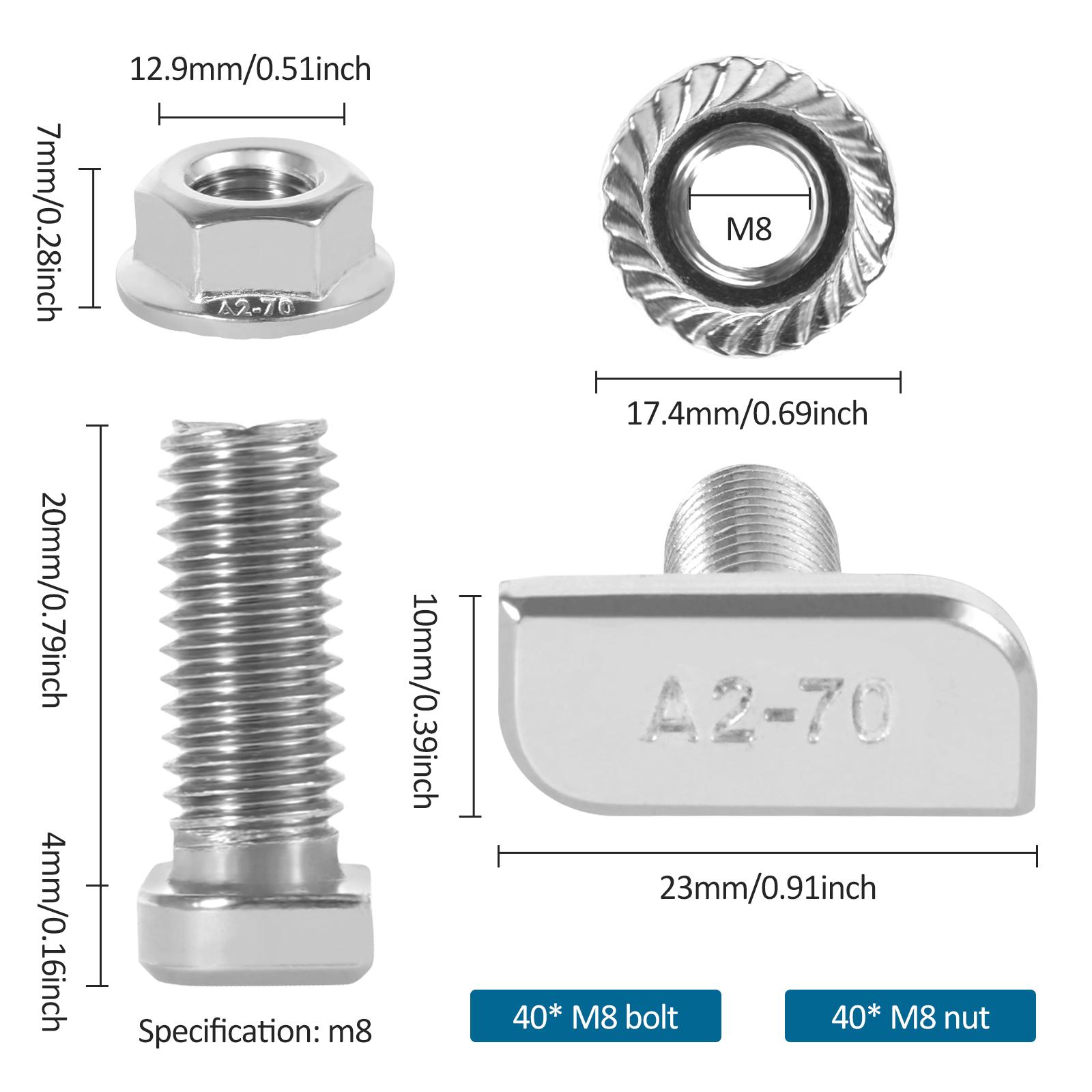 

40 Pack Solar Panel Bracket End Clamp M8 Flange Nuts 304 Stainless Steel T Screw for PV Solar Mounting Rails Photovoltaic Boats