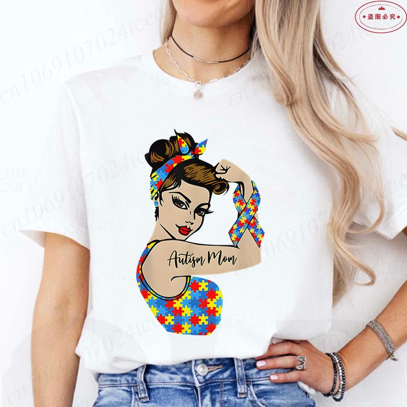 Autism Mom T-Shirt for Women Fashion Awareness Graphic Y2k Tops Casual Short Sleeve Tees Harajuku Oversized Female Clothing