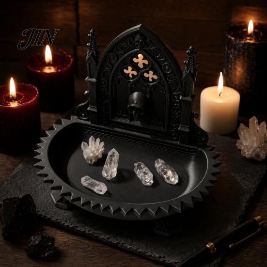 Dark Niche Desk Decor Church Carving Design Storage Box, Matte Black Desktop Organizer for Rings Incense Tray Bracelets Goth Decor, Gothic Style