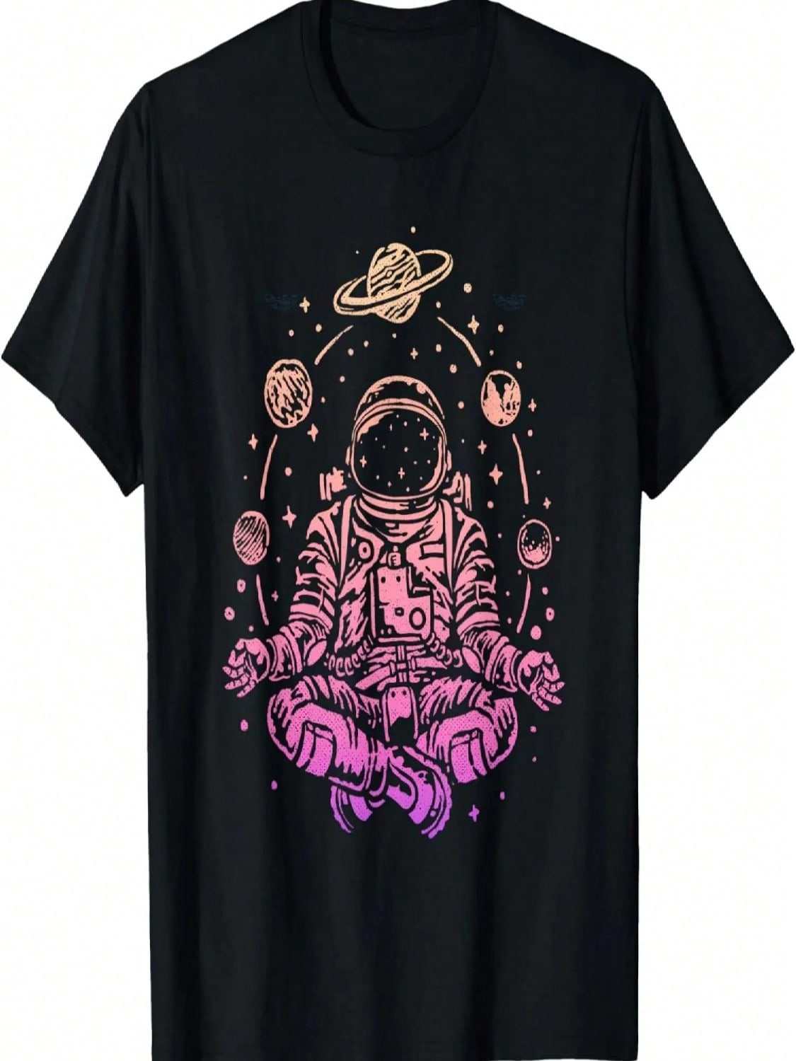 Meditating Astronaut Planets Colorful Lotus Meditation T-Shirt S