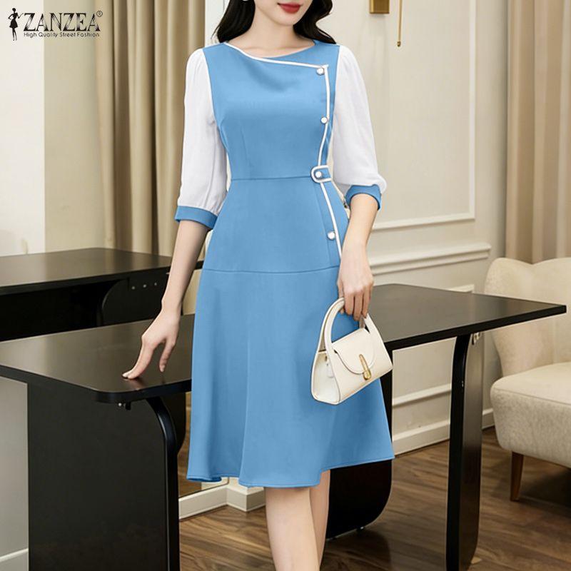 ZANZEA Women Casual Round Neck Splice 3/4 Sleeve Elegant Dress