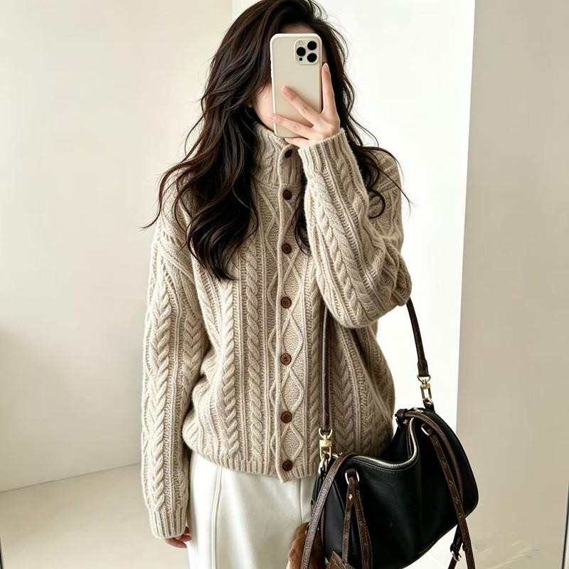 European Style Women's Wool Knit Cardigan Coat with Thick Cable Knit and High Neck Lapel