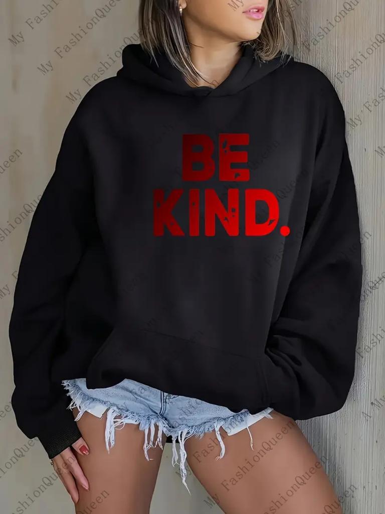 Beige Grey with Be Kind Letter Print Adjusta250g Heavyweight Pullover with Pocket Adjustable Drawstring for Unisex Warm Sweatshirt