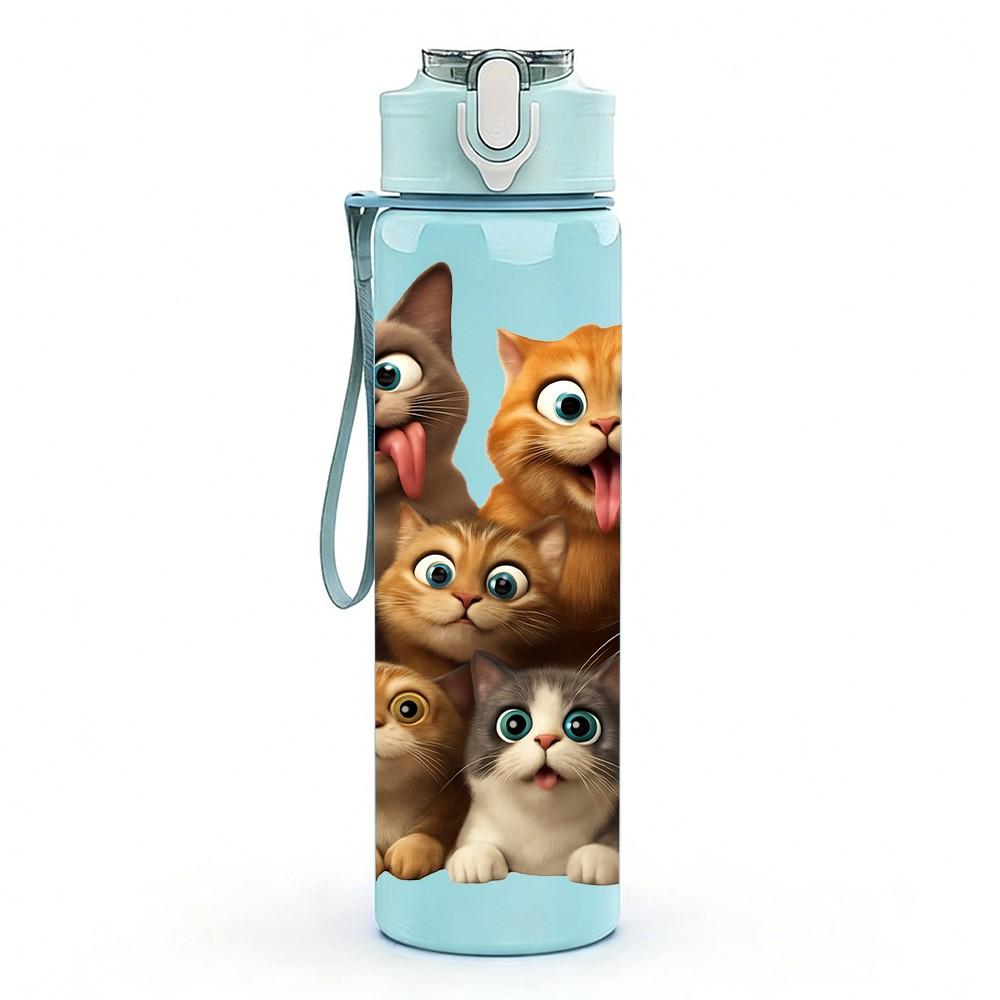 1PC Group Kitten Cat Family Cartoon Print 750ml Color Plastic Sports Water Bottle Leakproof Flip Straw Lid Suitable for Sports Office Home Use
