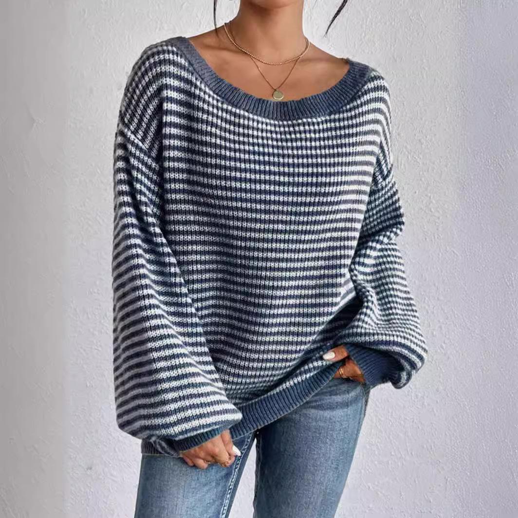 

Oversized Off Shoulder Striped Knit Sweater Women s Casual Loose Fit Blue and White S синій
