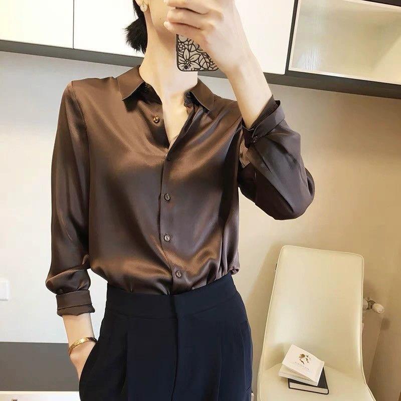 White Shirt Women's Autumn and Winter Design Sense Niche Satin Shirt All-match Retro Hong Kong Temperament Long-sleeved Drape Top