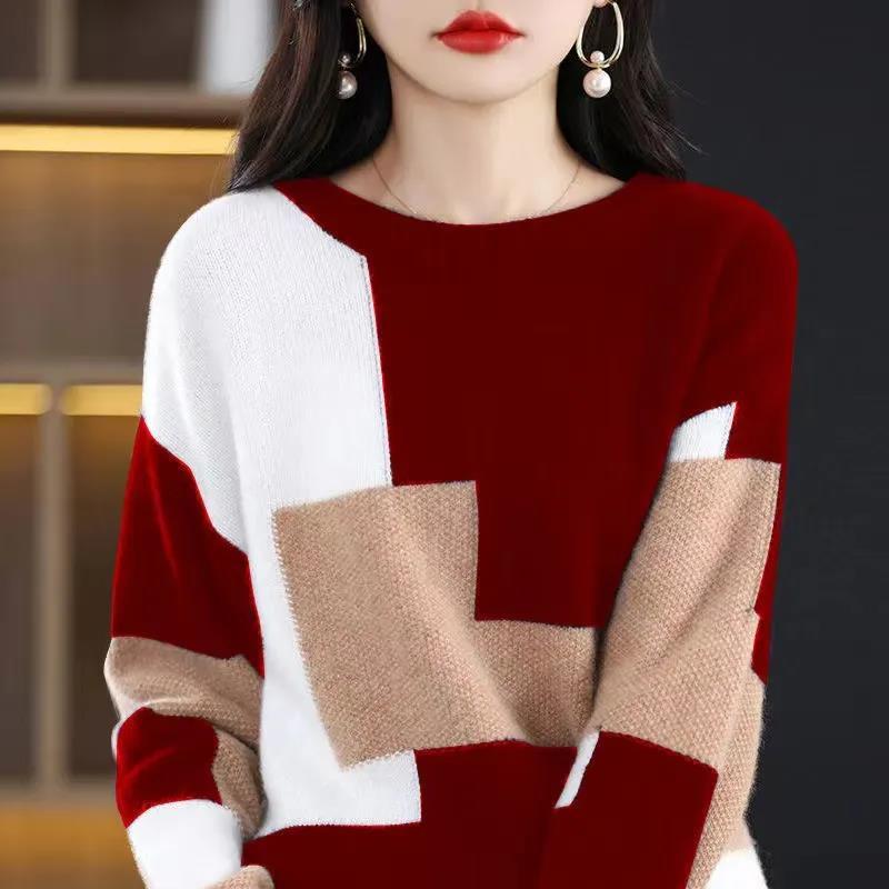 Autumn and Winter Color Matching Round Neck Sweater Women's Large Size Korean Version of The Loose Top Long-sleeved Bottoming Sweater