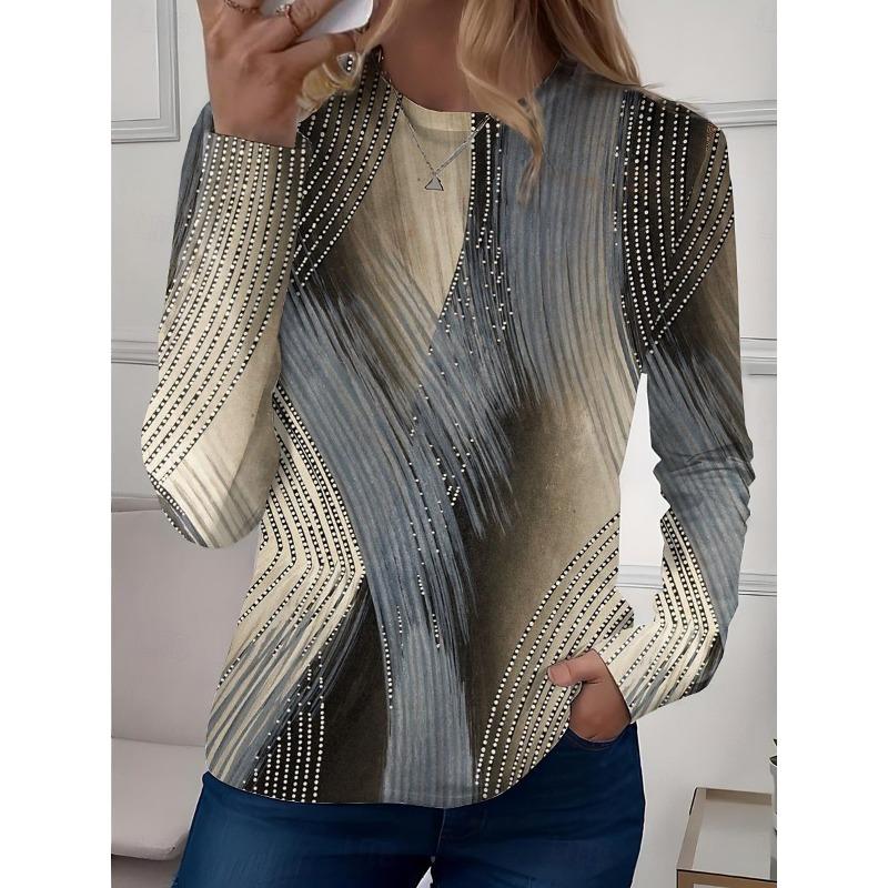Spring and Autumn Round Neck Abstract Pattern 3D Printed Top Fashionable Casual Long Sleeved Women's T-shirts