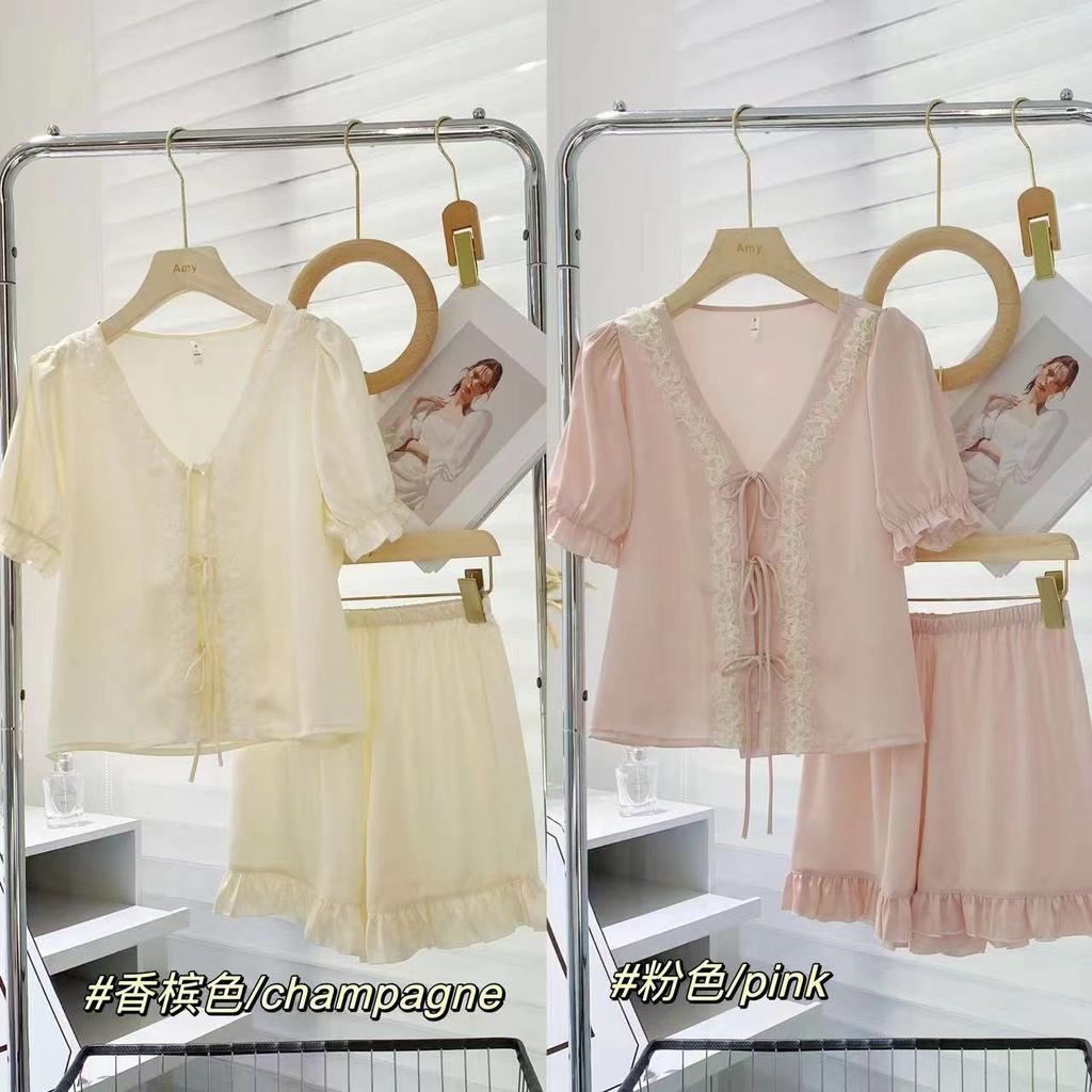 New pajamas women's ice silk bow pure desire wind lace-up short-sleeved shorts silk loungewear suit outer wear