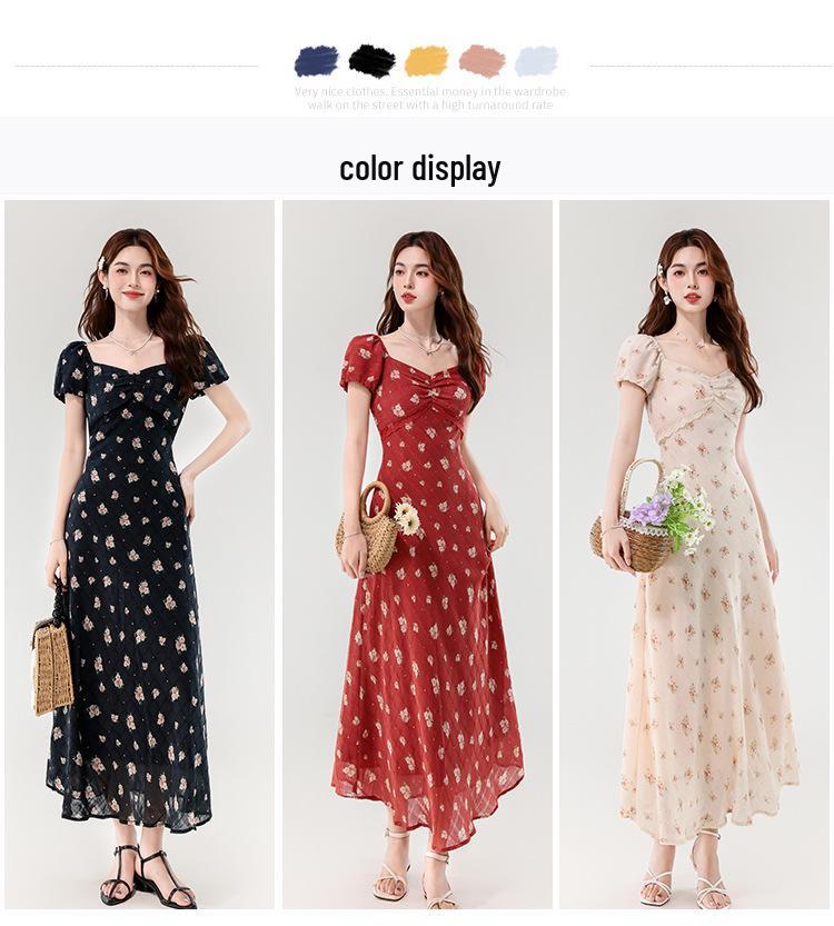 Women’s 2026 Summer Floral Midi Dress - French Waist-Cinched, Lace Trim, Square Neck