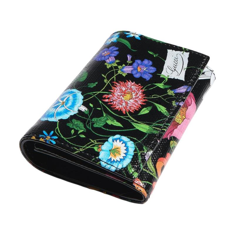 Gucci Flora floral pattern snap closure coated canvas card holder small women's black with multicolor