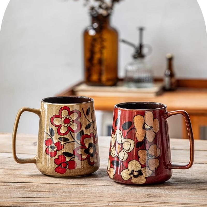 Velký keramický hrnek na kávu s uchem, ručně malovaný vintage květinový velký hrnek na kávu 700 ml, vysoký hrnek na čaj do kanceláře a domů, vhodný do mikrovlnné trouby a myčky nádobí