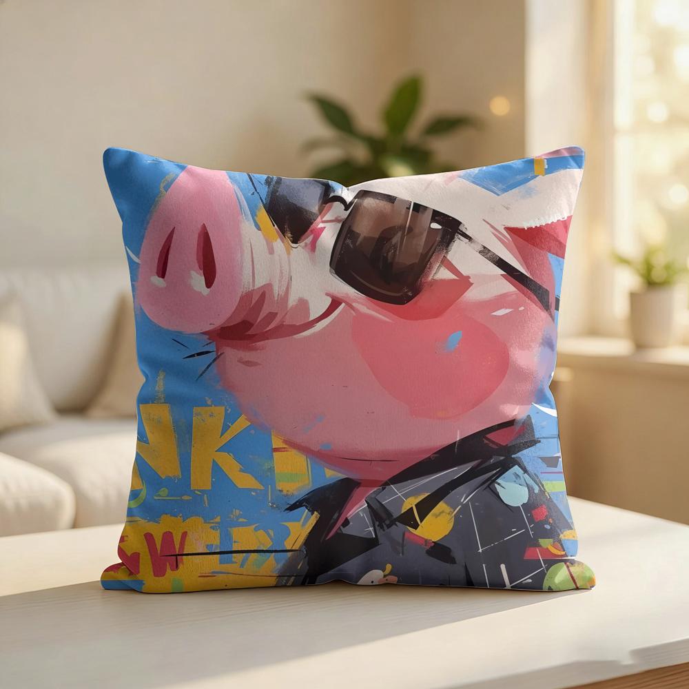 Cute Funny Pig Friends Gift Cushion Cover Silky Short Plush Invisible Zipper Dustproof Sofa Pillow Case For Home Decor