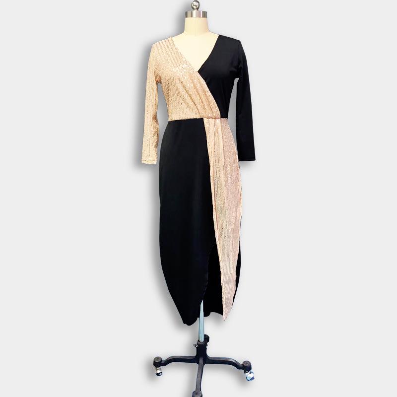 2025 Black and Gold Ethnic High-Waist Mid-Length Dress with Long Sleeves