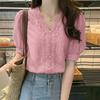 ZANZEA Women Casual V-Neck Lace Crochet Patchwork Loose Short Sleeve Blouse