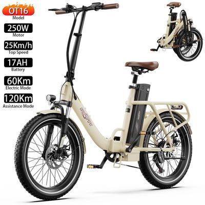 Vélo Électrique Pliable Onesport 20" Moteur 250W Écran LCD 48V 17AH Support Bluetooth Vitesse Maximale 25Km/h 7 Vitesses Beige OT16