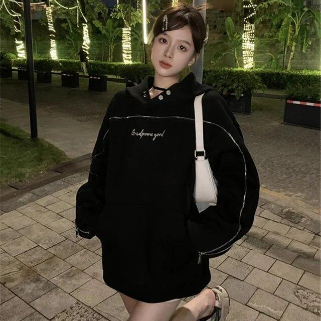 

Женский пуловер с длинными рукавами, толстовка с капюшоном, осенне-зимняя одежда 2023, американские свободные модные капюшоны на молнии с вышивкой L чёрный