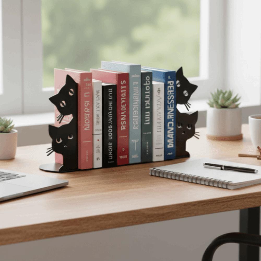 Durable Iron Metal Bookend Black Metal Book Holder Cute Cat Bookend  Home Library
