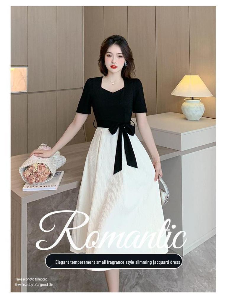 Elegant Plus Size Hepburn Style Color Block Waist-Cinched Square Neck Summer Dress