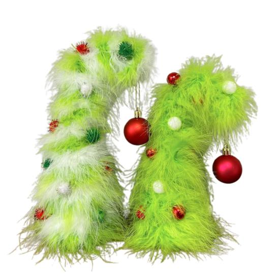 2 Pcs Green Furry Christmas Tree Faux Fur Plush Christmas Tree Tabletop Centerpiece with Red Xmas Ball for Home Party Holiday Decor